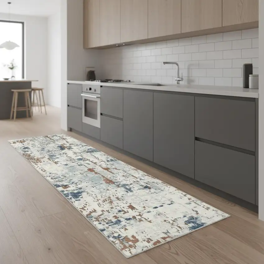 8' Beige And Blue Abstract Runner Rug Photo 1