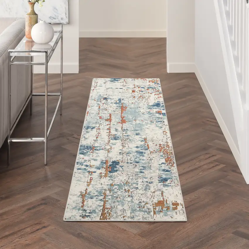 8' Beige And Blue Abstract Runner Rug Photo 5