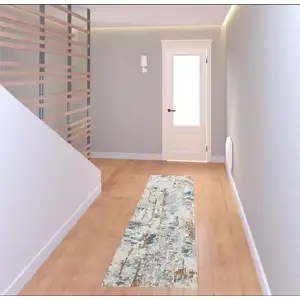 Photo of 8' Beige And Blue Abstract Runner Rug