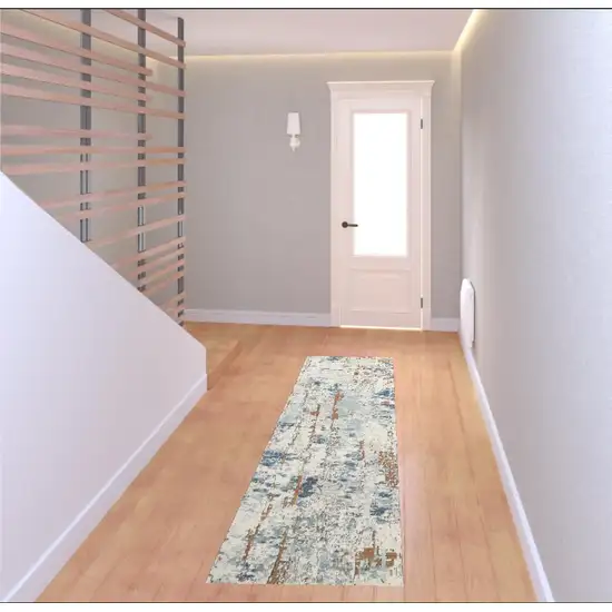 8' Beige And Blue Abstract Runner Rug Photo 1