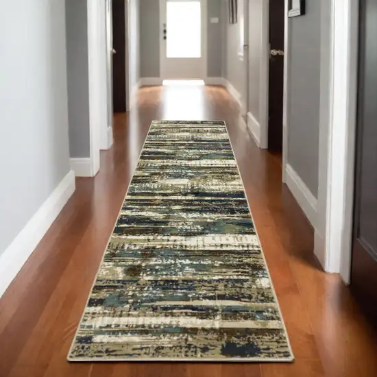 8' Beige And Blue Abstract Runner Rug Photo 1