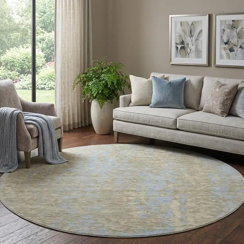 8' Beige And Blue Abstract Washable Round Rug With UV Protection Photo 1