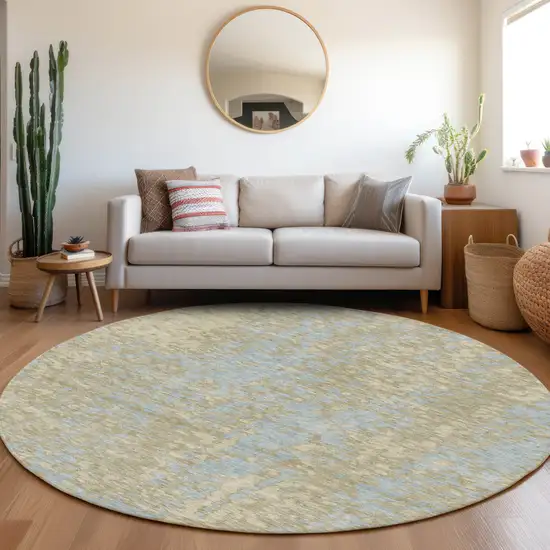 8' Beige And Blue Abstract Washable Round Rug With UV Protection Photo 4