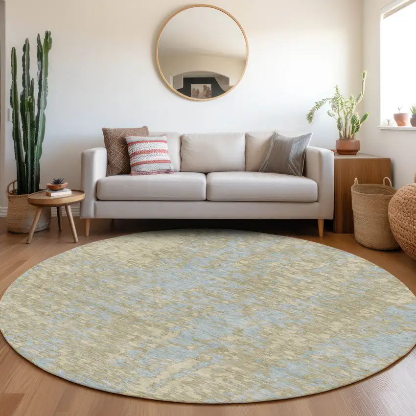 8' Beige And Blue Abstract Washable Round Rug With UV Protection Photo 4