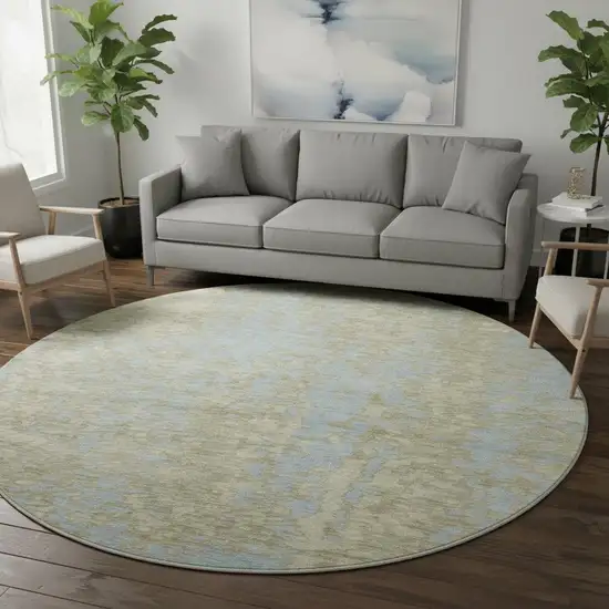 8' Beige And Blue Abstract Washable Round Rug With UV Protection Photo 2