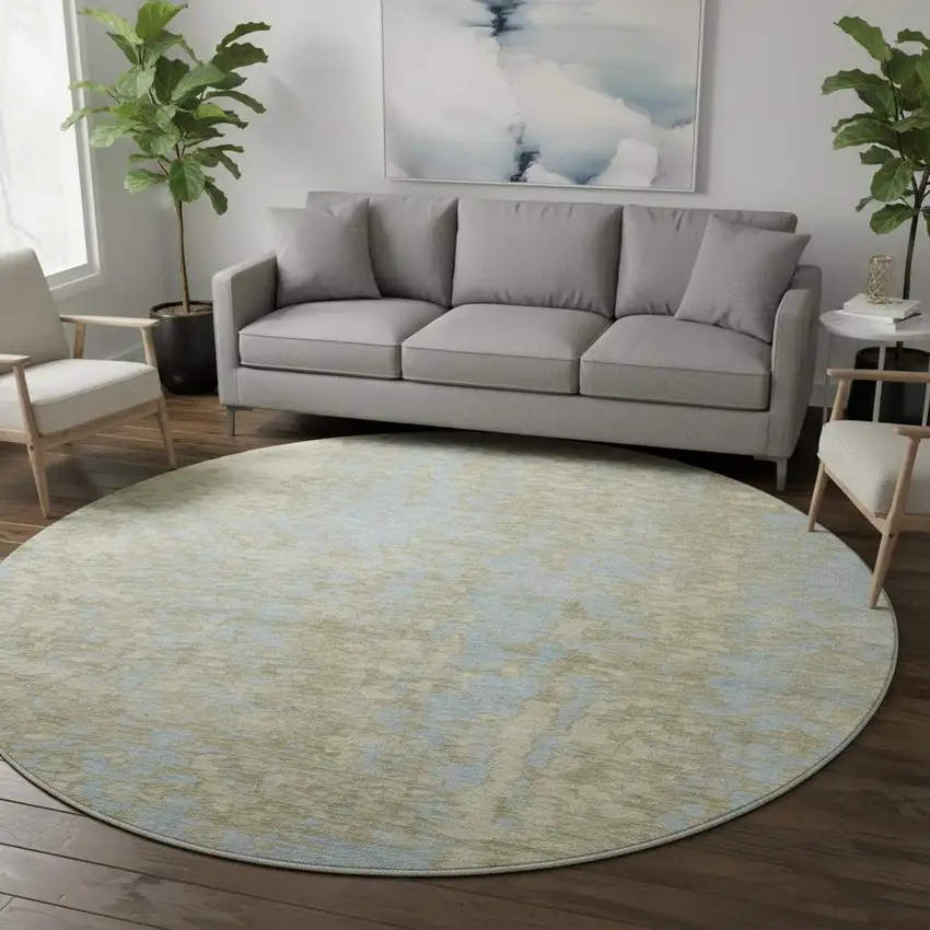 8' Beige And Blue Abstract Washable Round Rug With UV Protection Photo 2