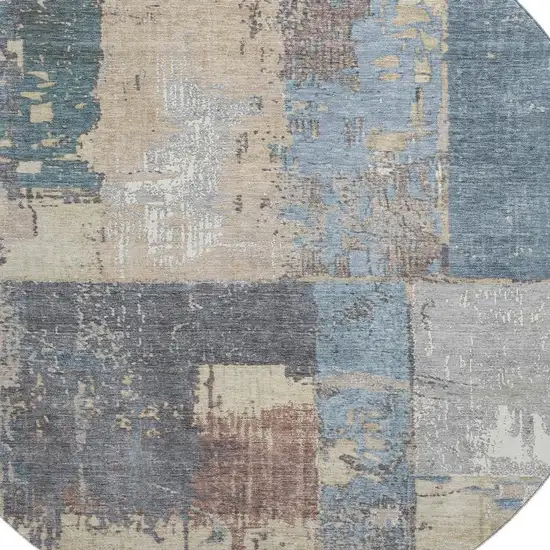 8' Beige And Blue Abstract Washable Round Rug With UV Protection Photo 2
