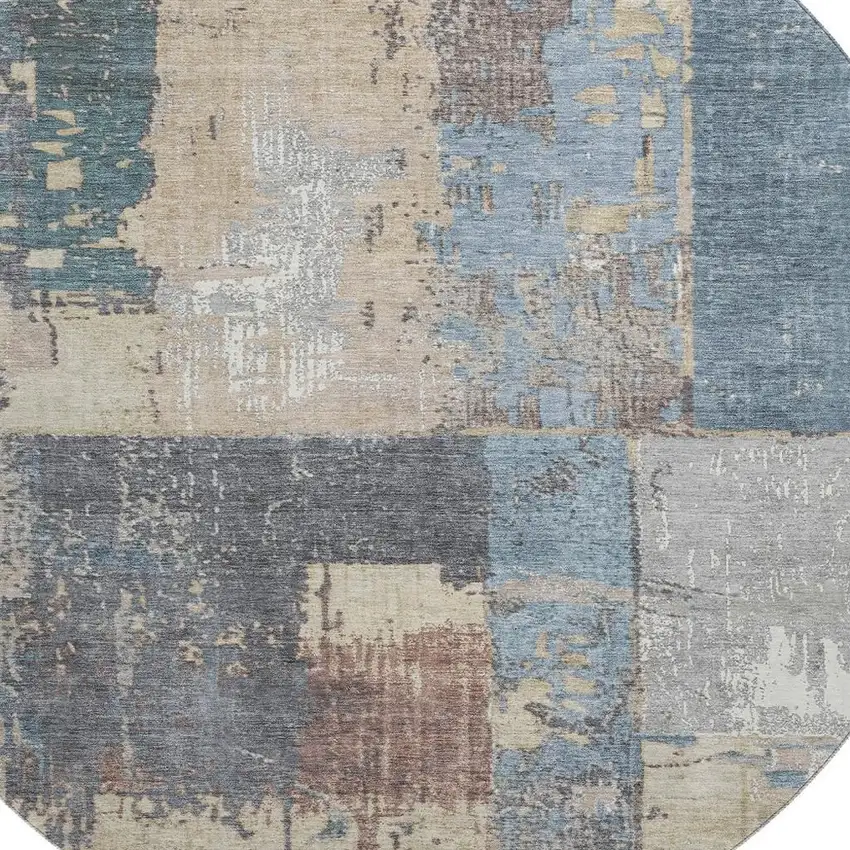 8' Beige And Blue Abstract Washable Round Rug With UV Protection Photo 2