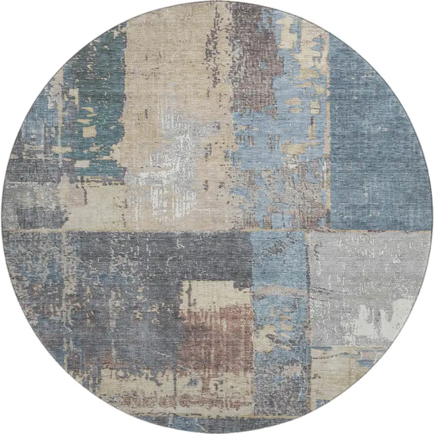 8' Beige And Blue Abstract Washable Round Rug With UV Protection Photo 1
