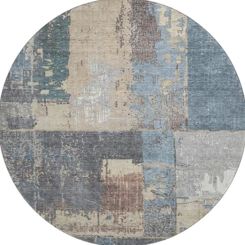 8' Beige And Blue Abstract Washable Round Rug With UV Protection Photo 3