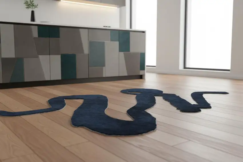 5' Beige And Blue Abstract Washable Round Rug With UV Protection Photo 1