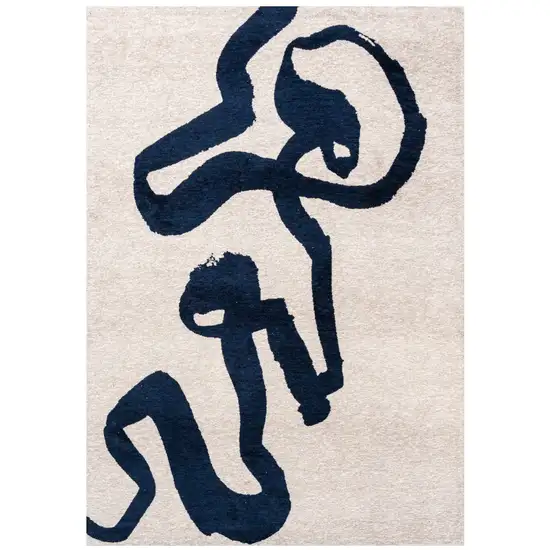 5' Beige And Blue Abstract Washable Round Rug With UV Protection Photo 2