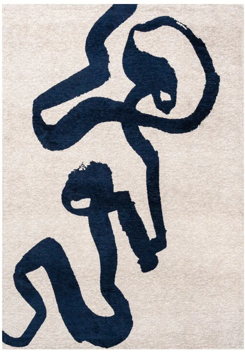 5' Beige And Blue Abstract Washable Round Rug With UV Protection Photo 2