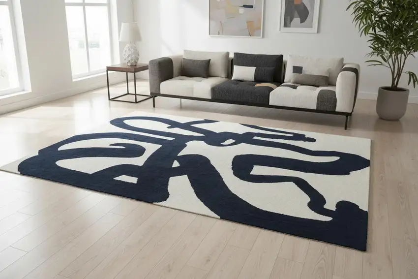 8' Beige And Blue Abstract Washable Round Rug With UV Protection Photo 1