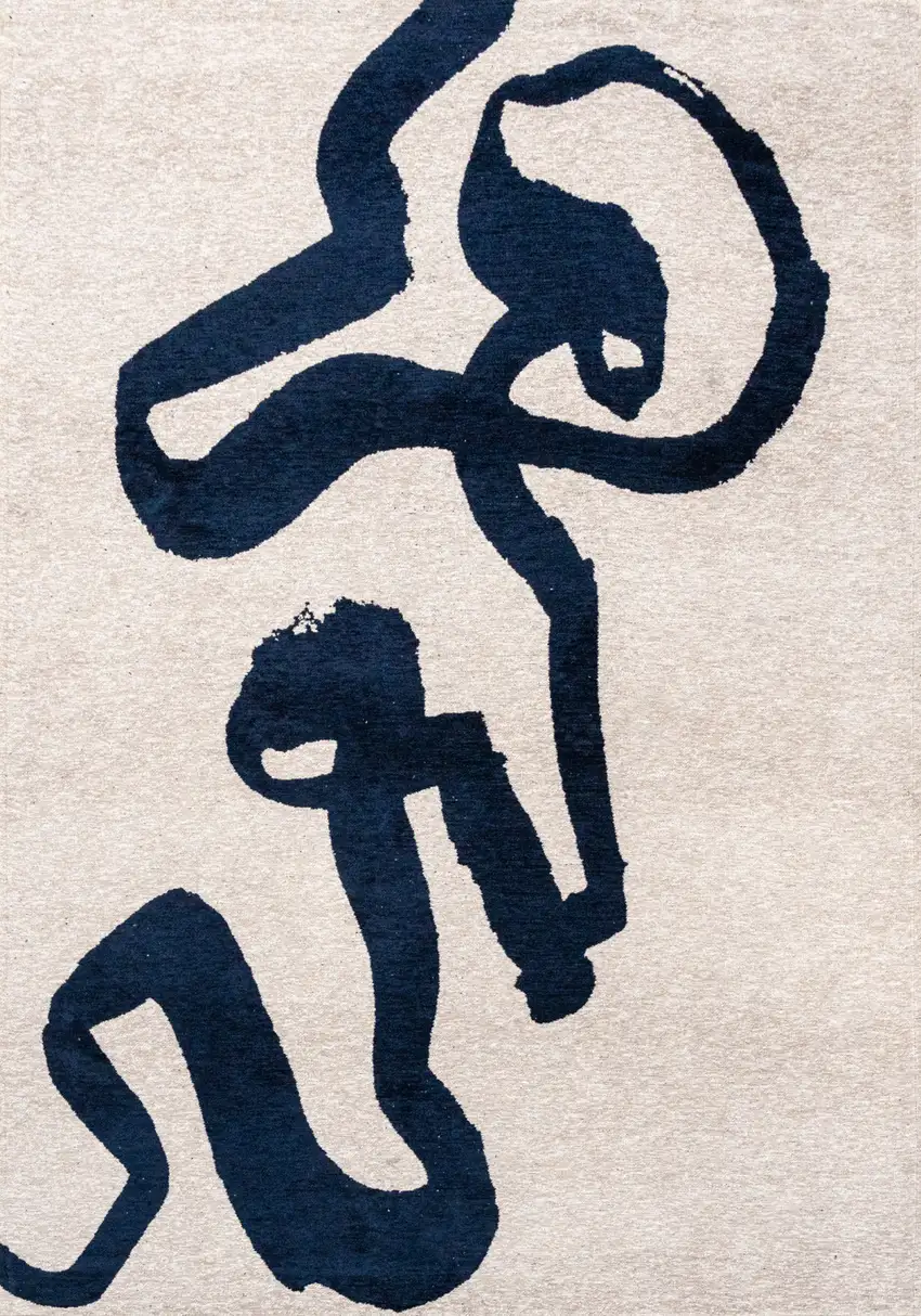 8' Beige And Blue Abstract Washable Round Rug With UV Protection Photo 6