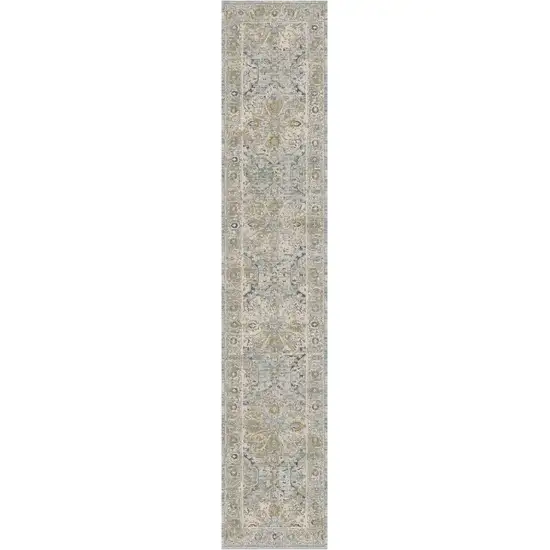 8' Beige And Blue Floral Medallion Distressed Runner Rug With Fringe Photo 2