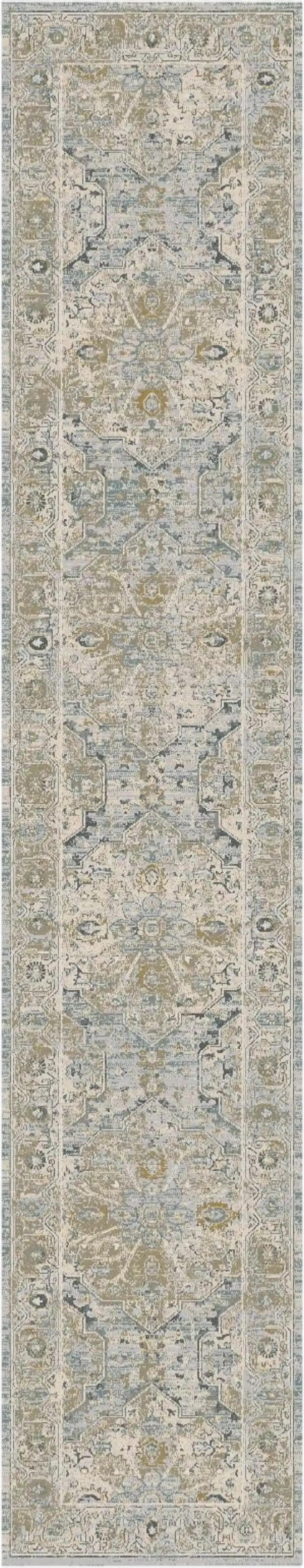 8' Beige And Blue Floral Medallion Distressed Runner Rug With Fringe Photo 2