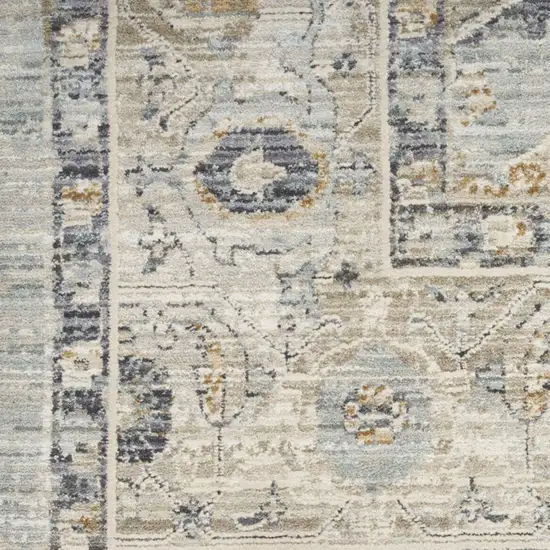 8' Beige And Blue Floral Medallion Distressed Runner Rug With Fringe Photo 8