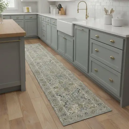 8' Beige And Blue Floral Medallion Distressed Runner Rug With Fringe Photo 1