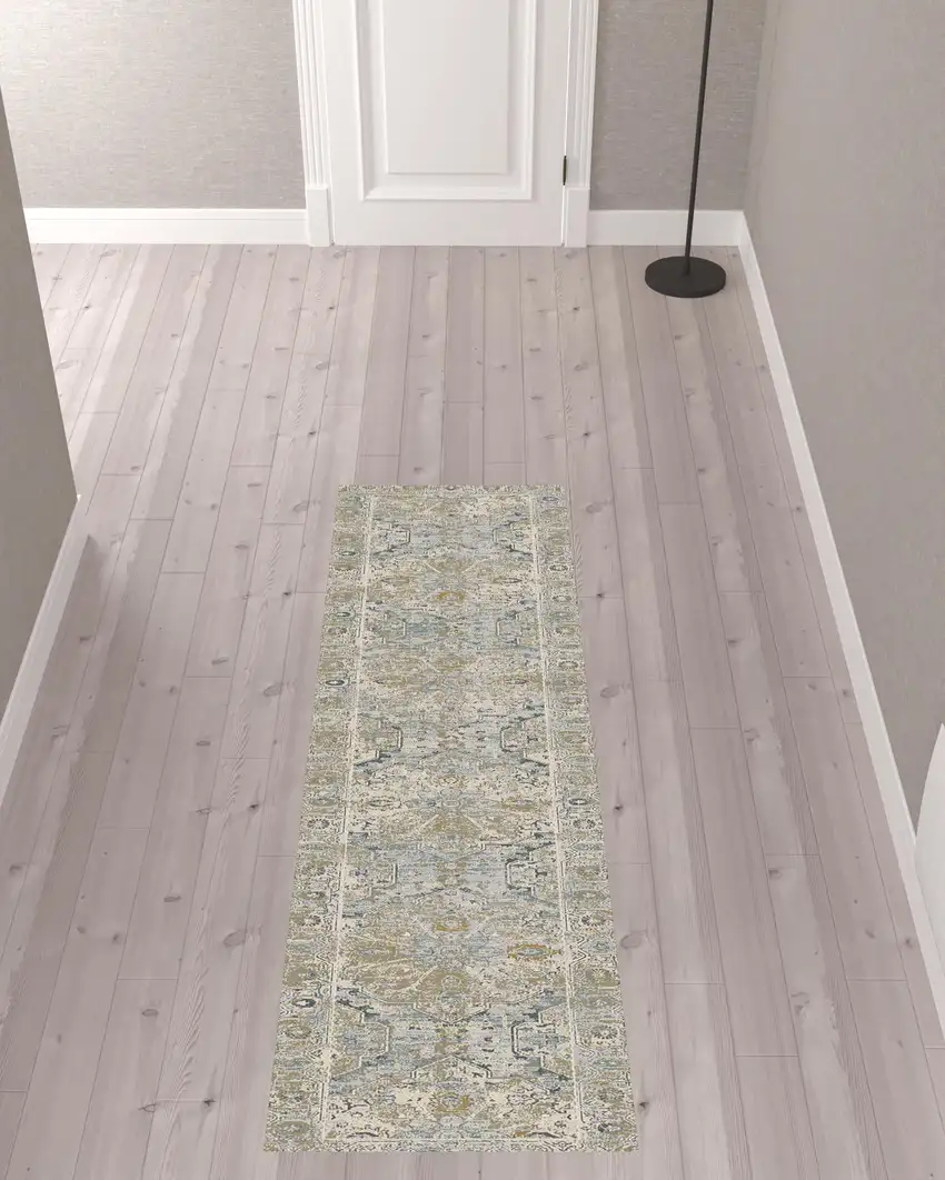 8' Beige And Blue Floral Medallion Distressed Runner Rug With Fringe Photo 1