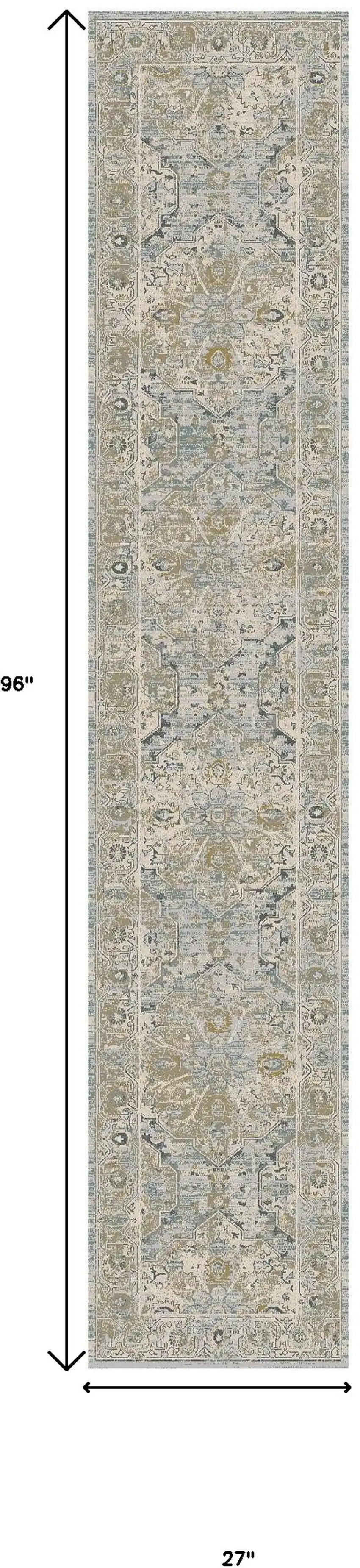 8' Beige And Blue Floral Medallion Distressed Runner Rug With Fringe Photo 3