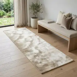 Photo of 7' Beige And Blue Geometric Runner Rug