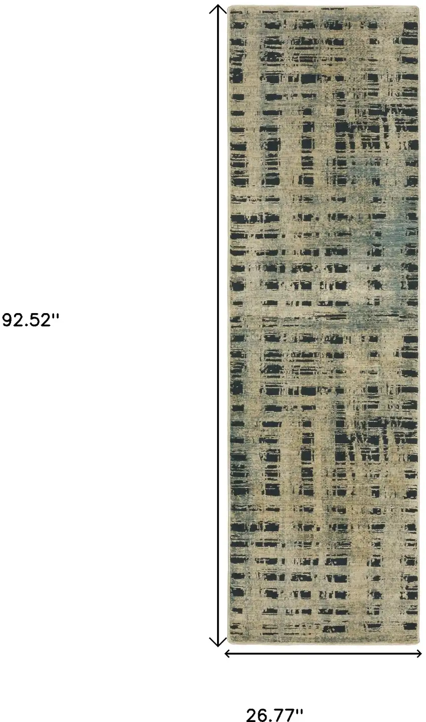 8' Beige And Blue Geometric Runner Rug Photo 3