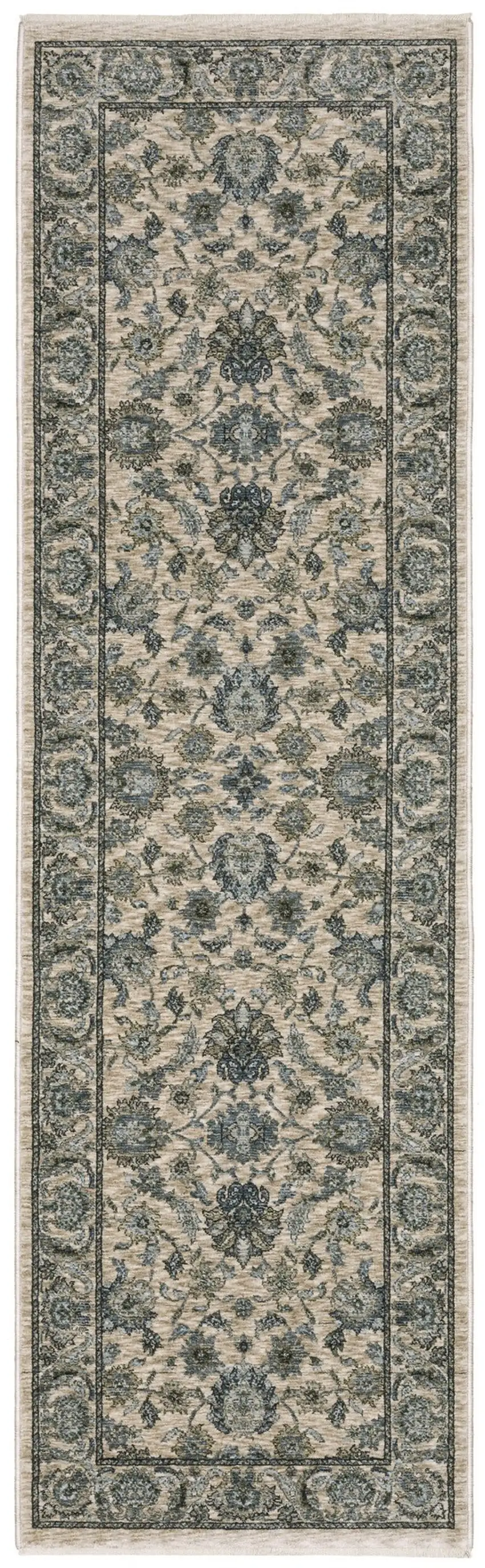 8' Beige And Blue Oriental Runner Rug With Fringe Photo 6