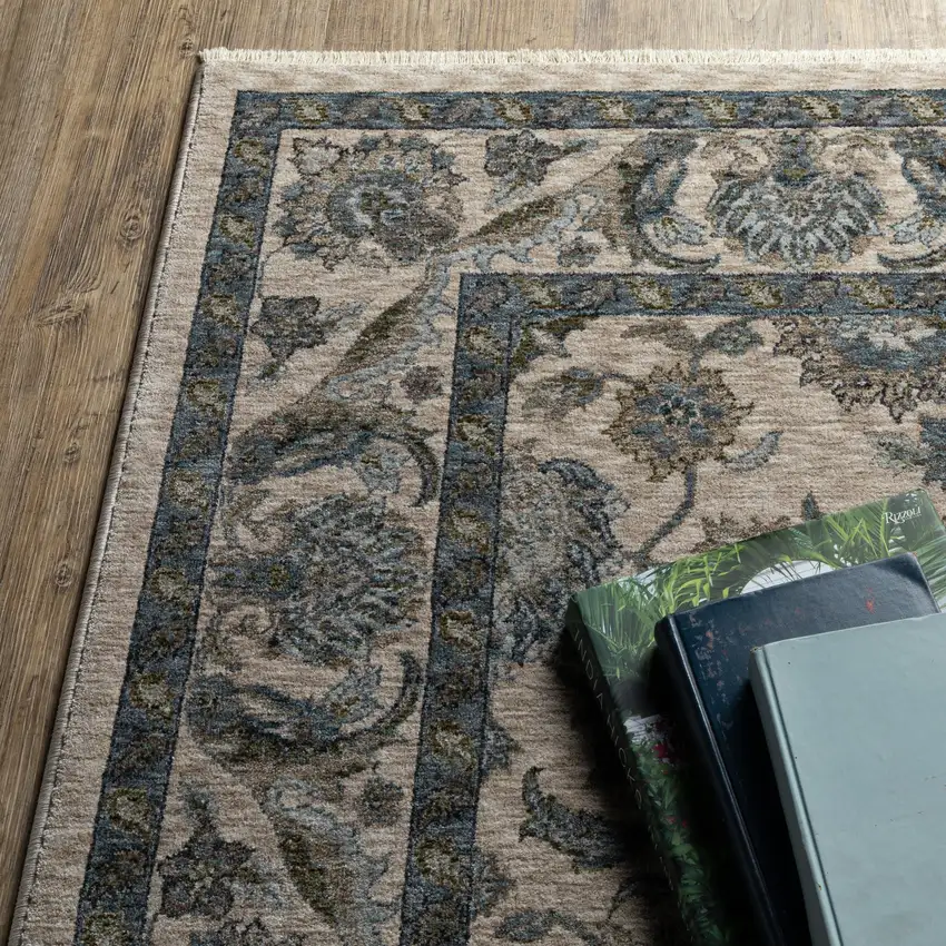 8' Beige And Blue Oriental Runner Rug With Fringe Photo 8