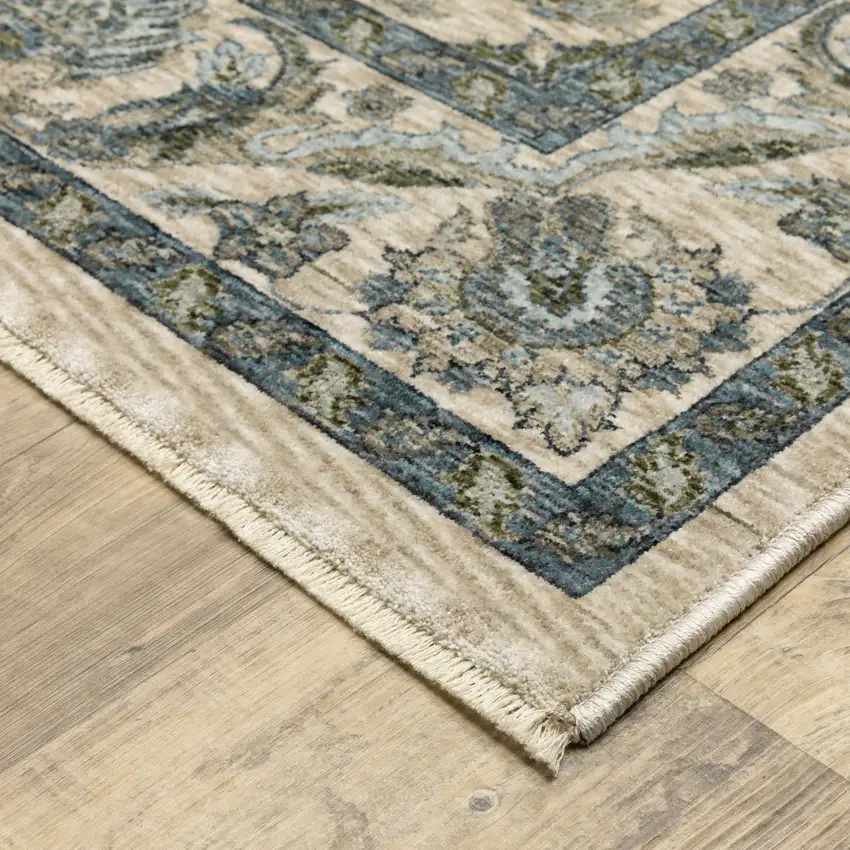 8' Beige And Blue Oriental Runner Rug With Fringe Photo 7