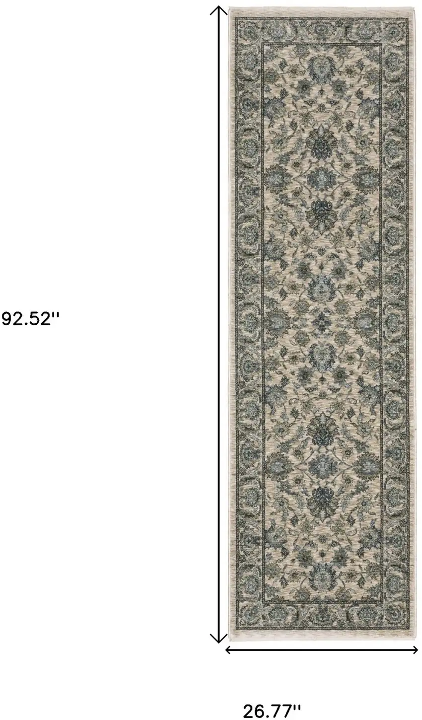 8' Beige And Blue Oriental Runner Rug With Fringe Photo 3