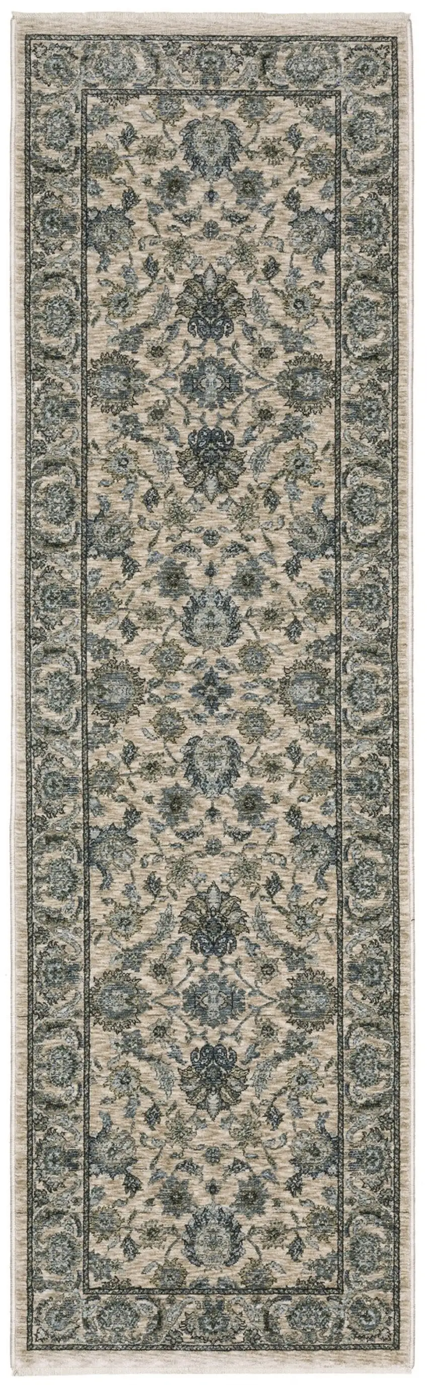 8' Beige And Blue Oriental Runner Rug With Fringe Photo 2