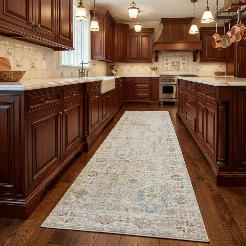 8' Beige And Blue Oriental Runner Rug Photo 1