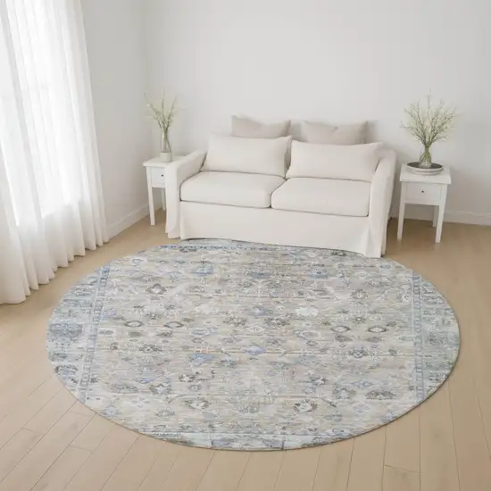8' Beige And Blue Oriental Washable Round Rug With UV Protection Photo 4