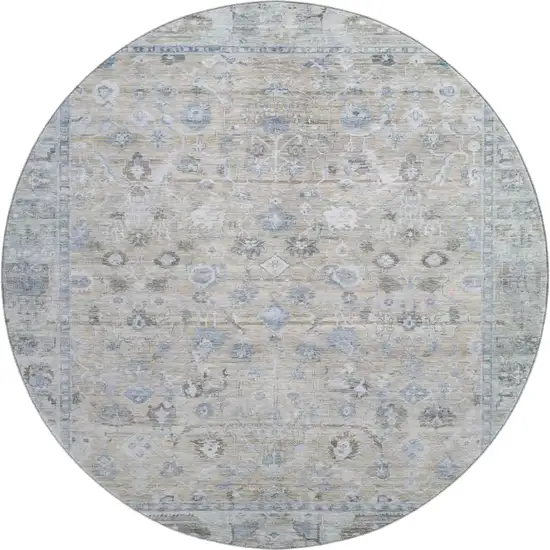 8' Beige And Blue Oriental Washable Round Rug With UV Protection Photo 1