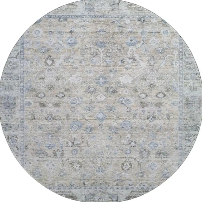8' Beige And Blue Oriental Washable Round Rug With UV Protection Photo 3