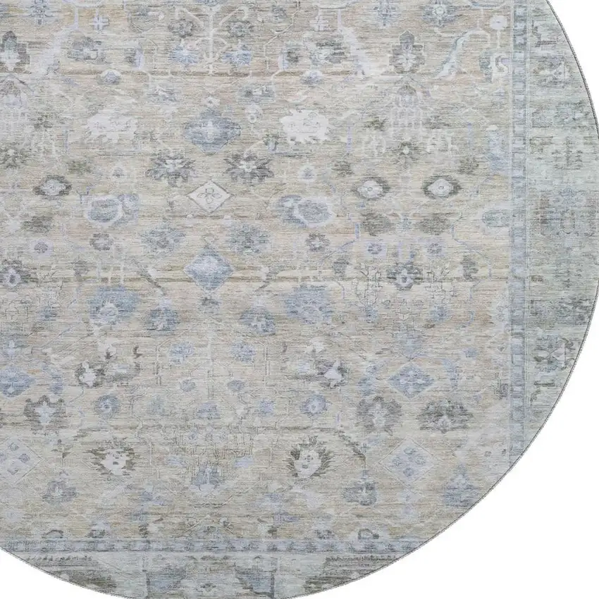 8' Beige And Blue Oriental Washable Round Rug With UV Protection Photo 2