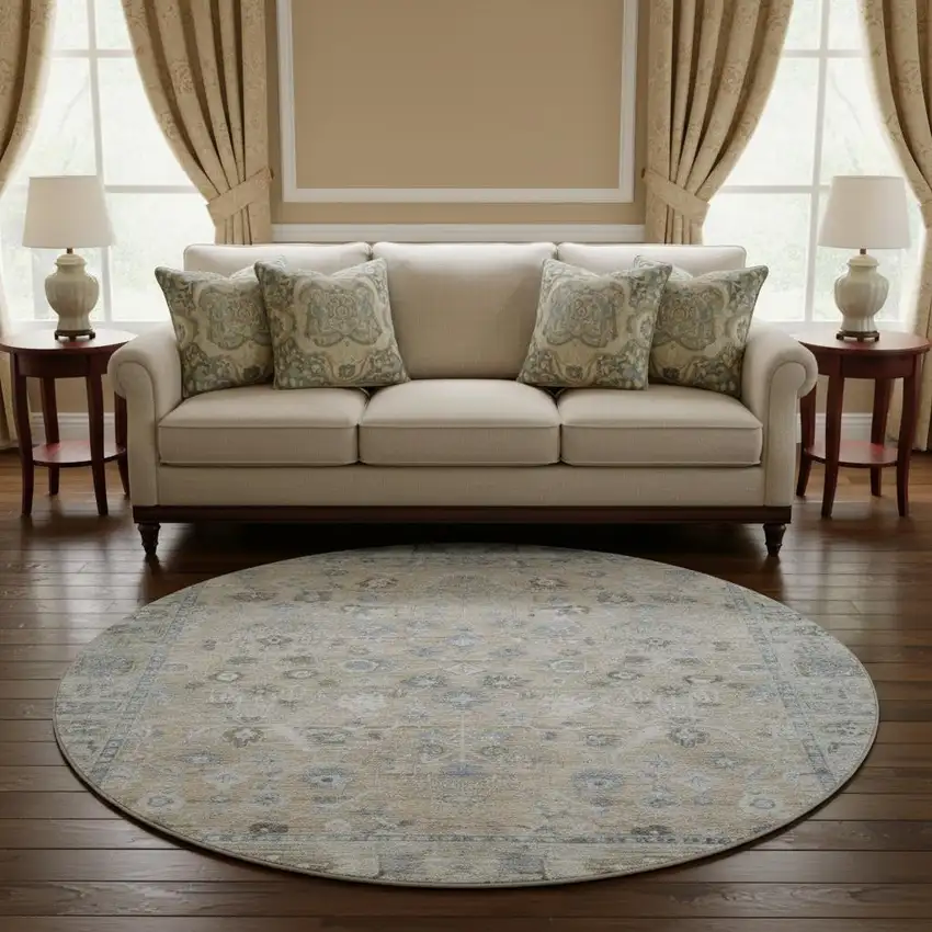 8' Beige And Blue Oriental Washable Round Rug With UV Protection Photo 2