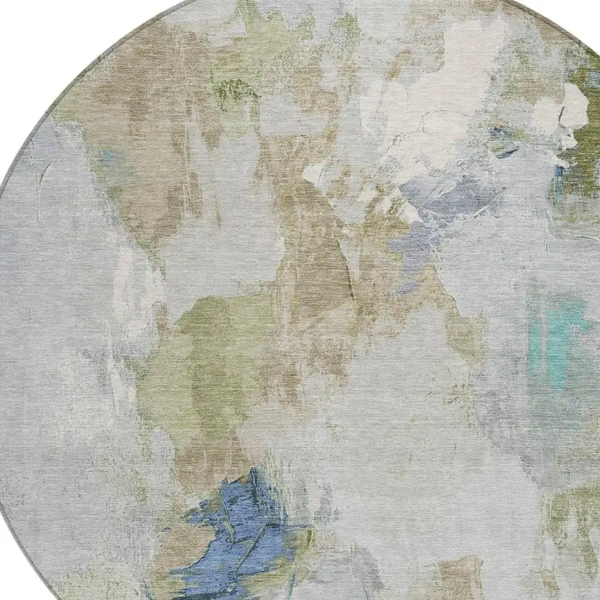 8' Beige And Blue Round Abstract Washable Indoor Outdoor Area Rug Photo 8