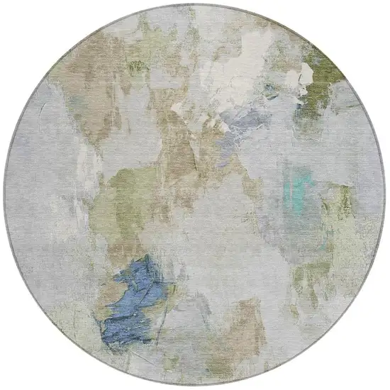 8' Beige And Blue Round Abstract Washable Indoor Outdoor Area Rug Photo 4