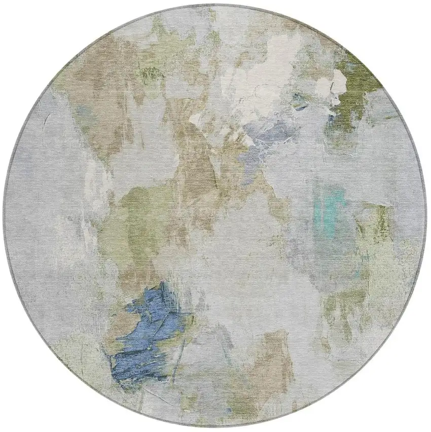 8' Beige And Blue Round Abstract Washable Indoor Outdoor Area Rug Photo 4