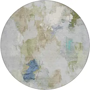 Photo of 8' Beige And Blue Round Abstract Washable Indoor Outdoor Area Rug