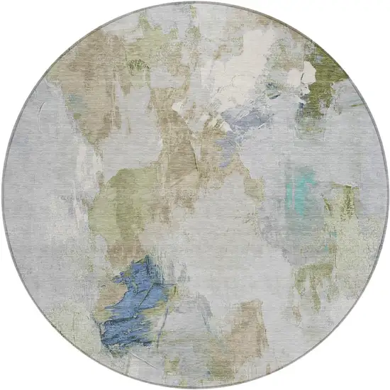8' Beige And Blue Round Abstract Washable Indoor Outdoor Area Rug Photo 1