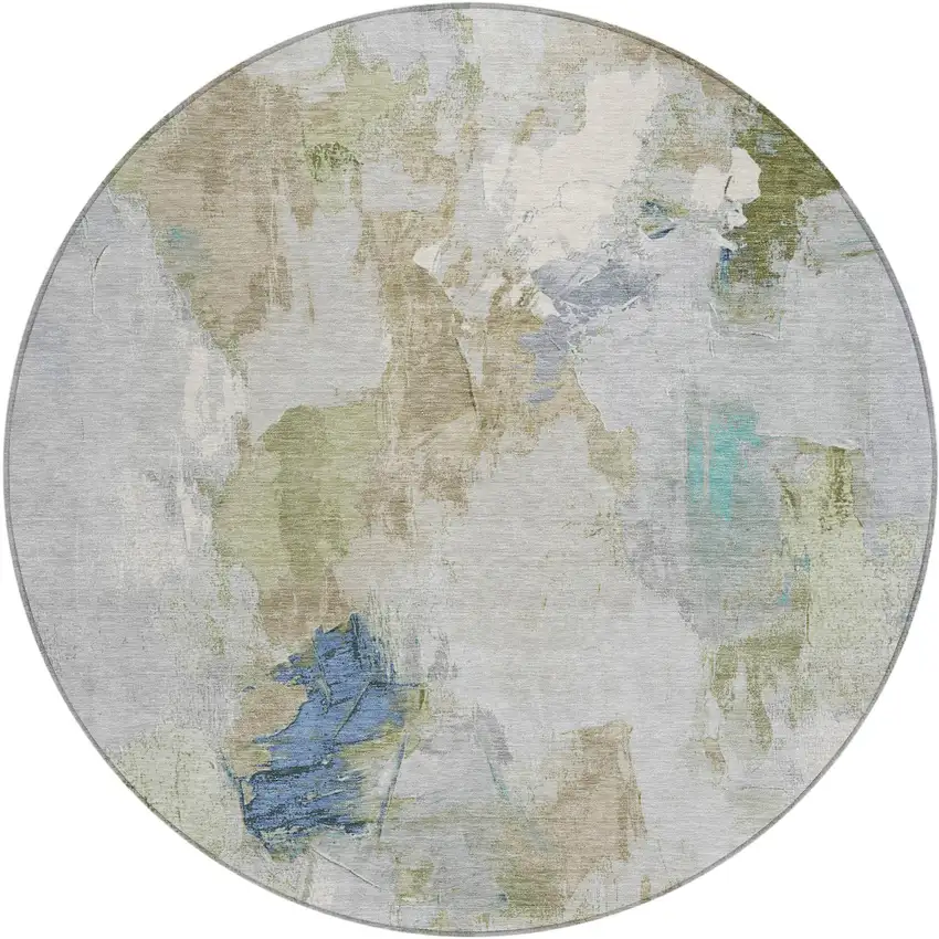 8' Beige And Blue Round Abstract Washable Indoor Outdoor Area Rug Photo 1
