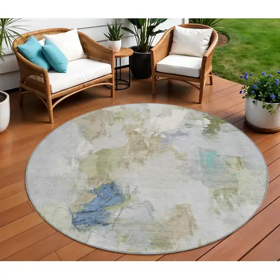 8' Beige And Blue Round Abstract Washable Indoor Outdoor Area Rug Photo 2