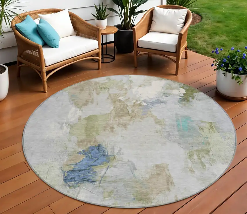 8' Beige And Blue Round Abstract Washable Indoor Outdoor Area Rug Photo 2