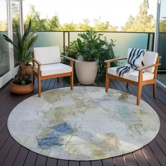 8' Beige And Blue Round Abstract Washable Indoor Outdoor Area Rug Photo 5