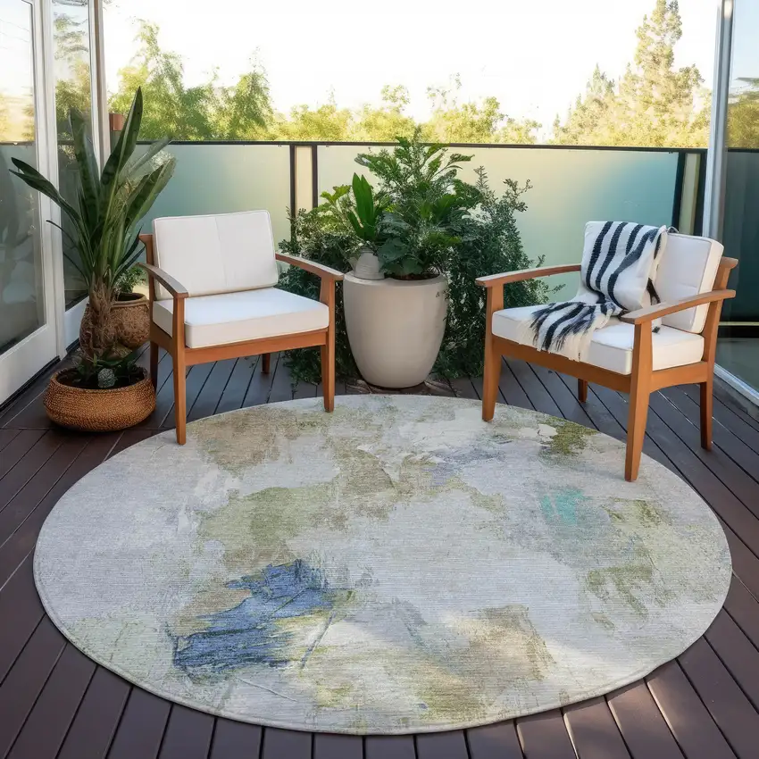 8' Beige And Blue Round Abstract Washable Indoor Outdoor Area Rug Photo 5