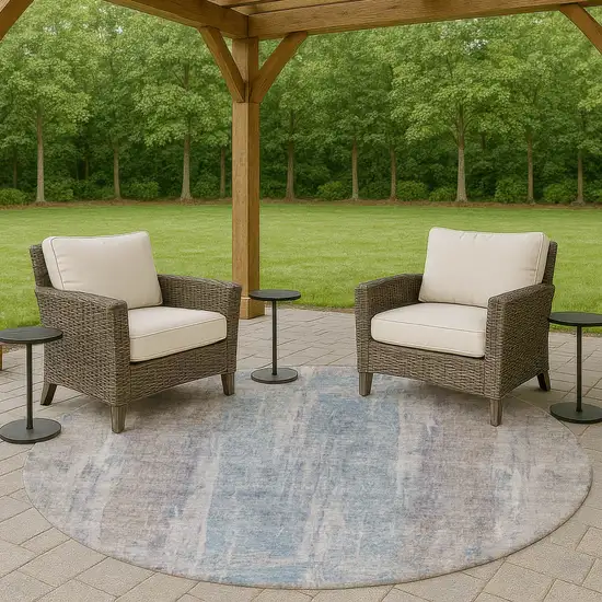 8' Beige And Blue Round Abstract Washable Indoor Outdoor Area Rug Photo 8