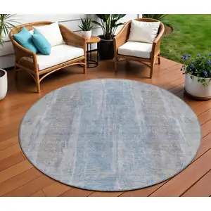 Photo of 8' Beige And Blue Round Abstract Washable Indoor Outdoor Area Rug